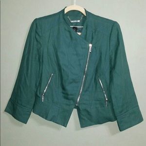 WHBM Linen Blend Zipper Moto Green Jacket Size 6